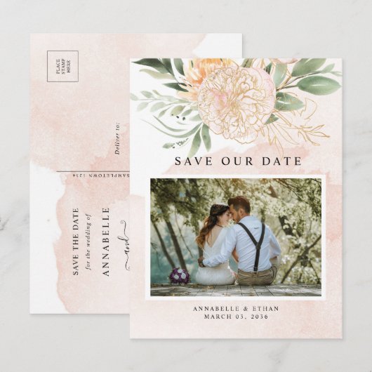 Peony en Gold Flowers Sla de datum-Briefkaart op Briefkaart (Voorkant / Achterkant)