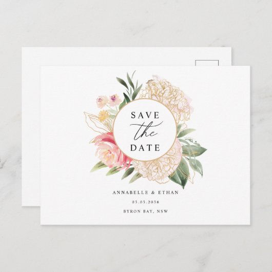 Peony en Gold Flowers Sla de datum-Briefkaart op Briefkaart (Voorkant / Achterkant)