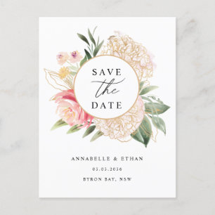 Peony en Gold Flowers Sla de datum op Briefkaart