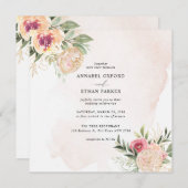 Peony en Gold Flowers Square Wedding Invitation Kaart (Voorkant / Achterkant)