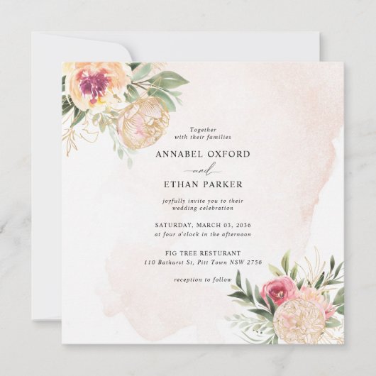 Peony en Gold Flowers Square Wedding Invitation Kaart (Voorkant)