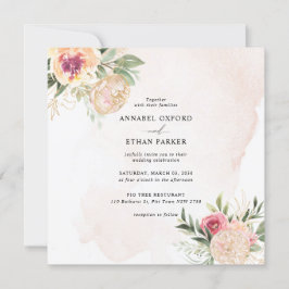 Peony en Gold Flowers Square Wedding Invitation Kaart