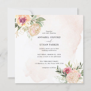 Peony en Gold Flowers Square Wedding Invitation Kaart