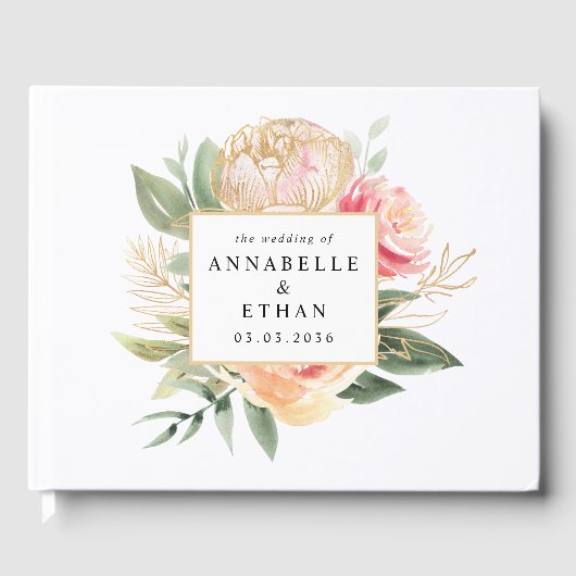 Peony en Gold Flowers Wedding Guest Book Gastenboek (Voorkant)
