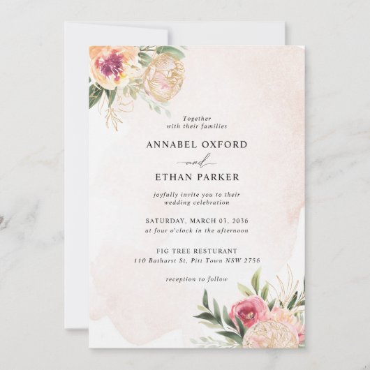 Peony en Gold Flowers Wedding Invitation Kaart (Voorkant)