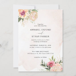 Peony en Gold Flowers Wedding Invitation Kaart