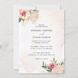 Peony en Gold Flowers Wedding Invitation Kaart