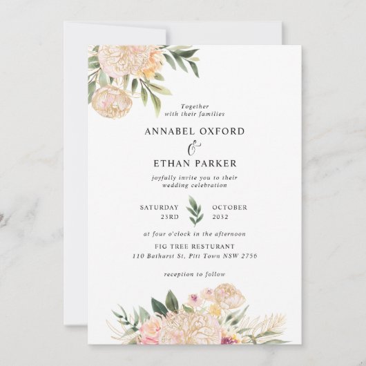 Peony en Gold Flowers Wedding Invitation Kaart (Voorkant)