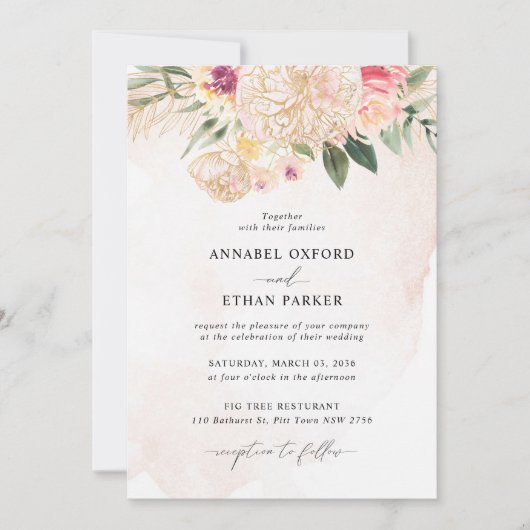 Peony en Gold Flowers Wedding Invitation Kaart (Voorkant)