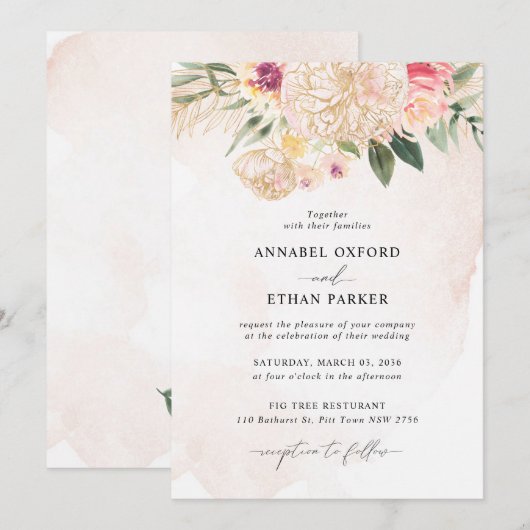 Peony en Gold Flowers Wedding Invitation Kaart (Voorkant / Achterkant)