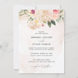 Peony en Gold Flowers Wedding Invitation Kaart