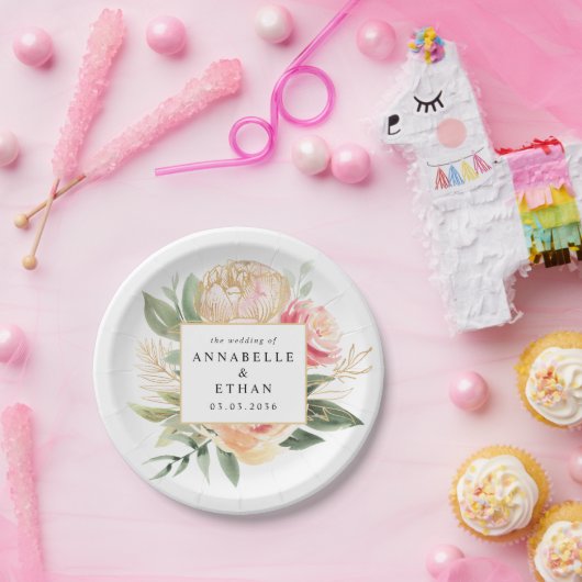 Peony en Gold Flowers Wedding Papieren Bordje (Feest)