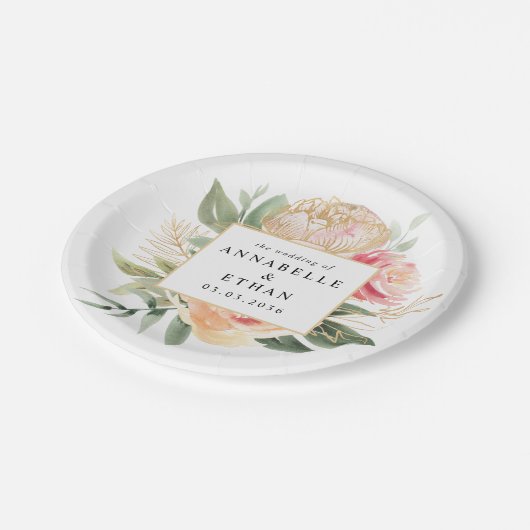 Peony en Gold Flowers Wedding Papieren Bordje (Gekanteld)