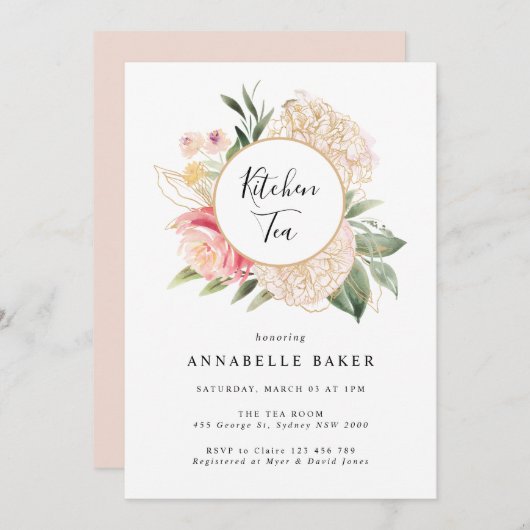 Peony en Gold Foil Bloom Kitchen Tea Invitation Kaart (Voorkant / Achterkant)