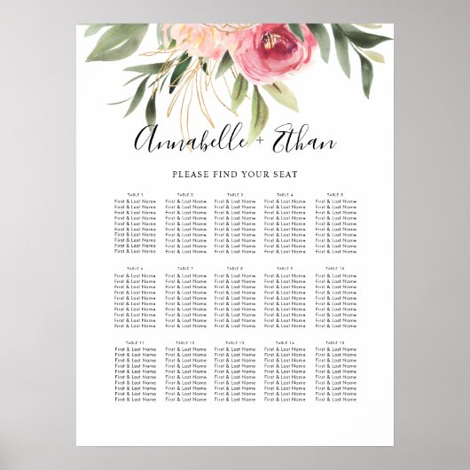 Peony en Gold Foil Bloom Seating Chart Poster (Voorkant)