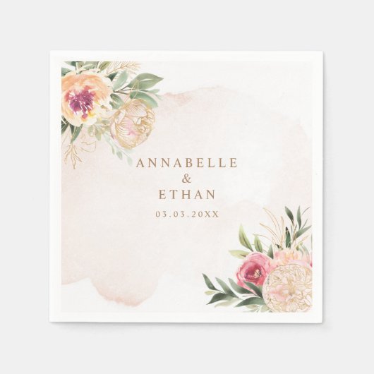 Peony en Gold Foil Bloom Wedding Napkin Servet (Voorkant)