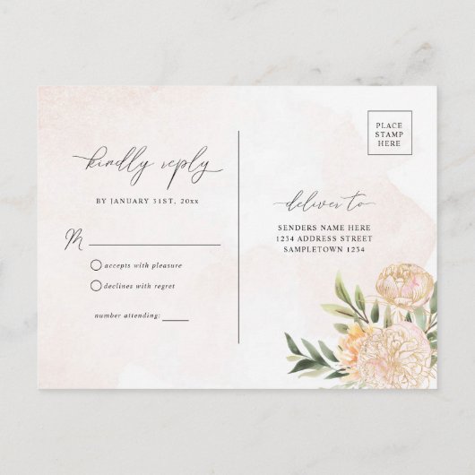Peony en Gold Foil Flowers RSVP Briefkaart (Achterkant)