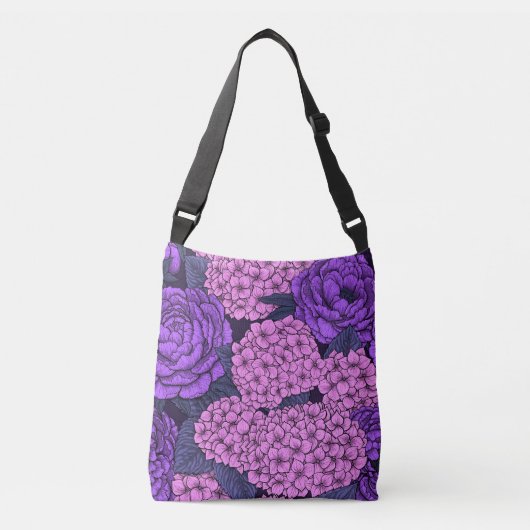 Peony en hydrangea in roze en violet crossbody tas (Voorkant)