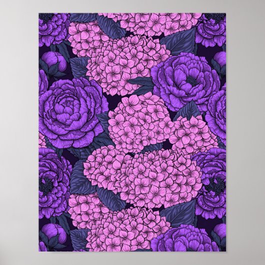 Peony en hydrangea in roze en violet poster (Voorkant)
