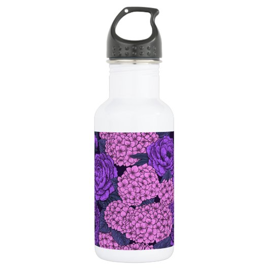 Peony en hydrangea in roze en violet waterfles  (Voorkant)