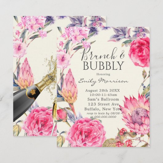 Peony en Protea Brunch & Bubble Invitation Kaart (Voorkant / Achterkant)