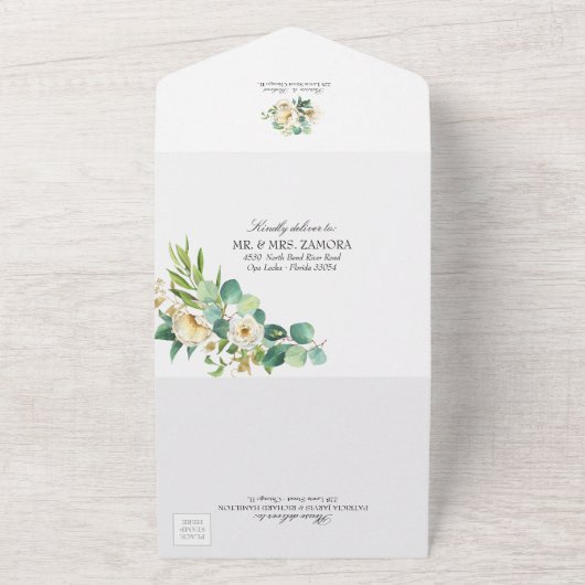 Peony Eucalyptus Floral Geometric Wedding All In One Uitnodiging (Buitenkant)