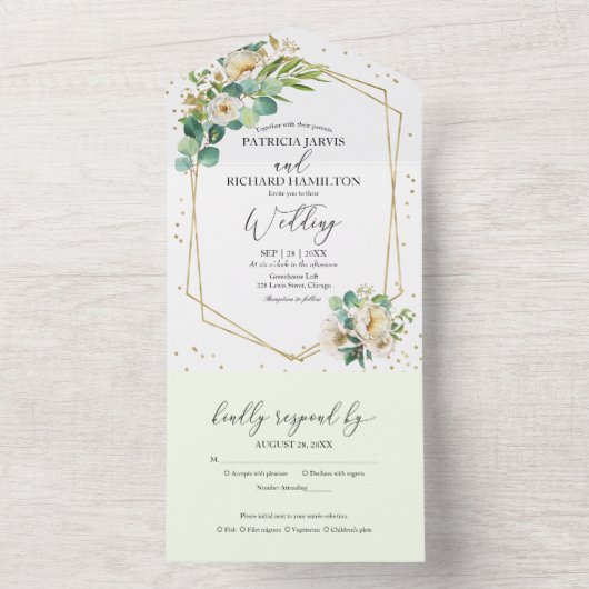 Peony Eucalyptus Floral Geometric Wedding All In One Uitnodiging (Binnen)