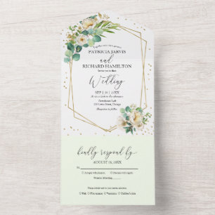 Peony Eucalyptus Floral Geometric Wedding All In One Uitnodiging