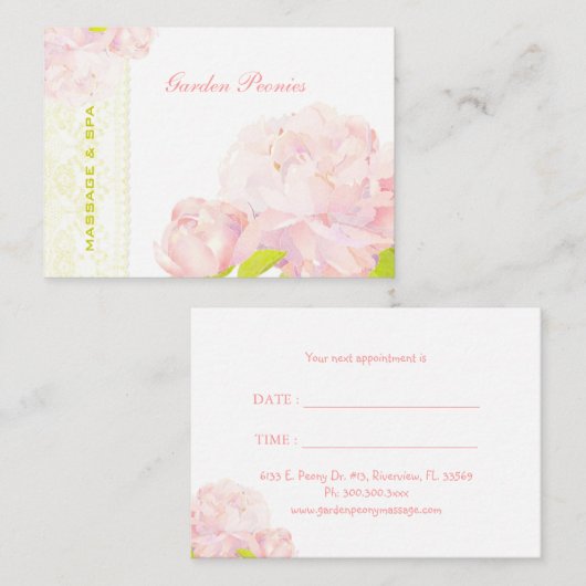 Peony + Faux Lace Business Appointment Card Afsprakenkaartje (Voorkant / Achterkant)