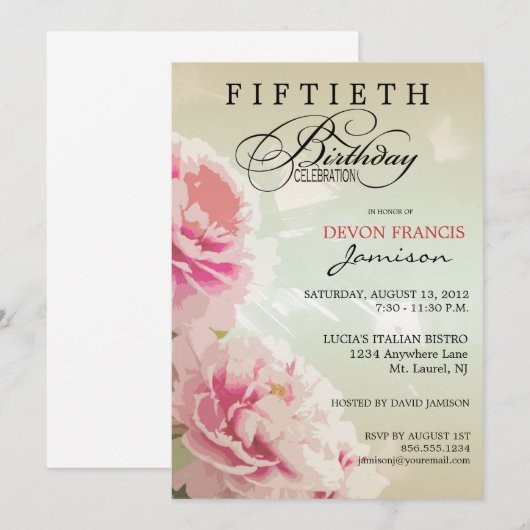 Peony Floral, 50e verjaardag van de uitnodiging va (Voorkant / Achterkant)