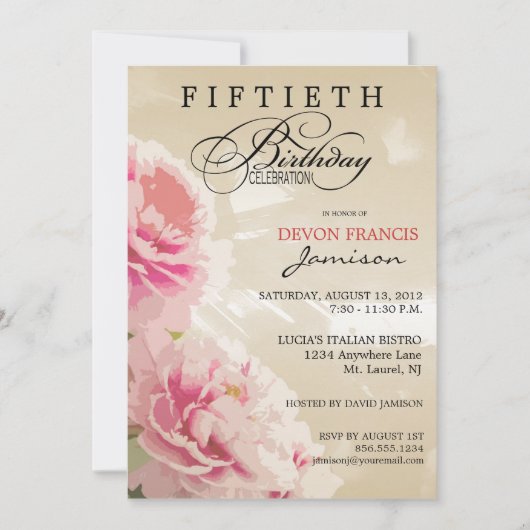 Peony Floral 50th Birthday Party Invitation Tan Kaart (Voorkant)