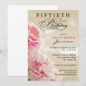 Peony Floral 50th Birthday Party Invitation Tan Kaart (Voorkant / Achterkant)