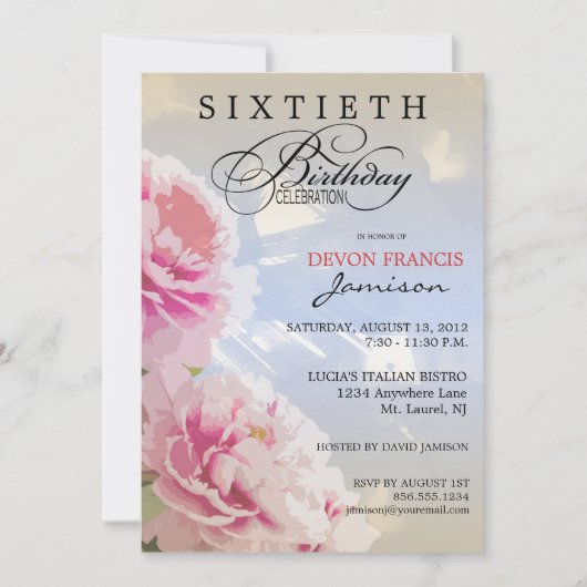 Peony Floral 60th Birthday Party Invitation Blue Kaart (Voorkant)