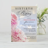 Peony Floral 60th Birthday Party Invitation Blue Kaart (Staand voorkant)