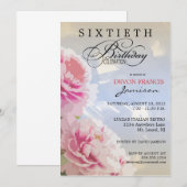 Peony Floral 60th Birthday Party Invitation Blue Kaart (Voorkant / Achterkant)