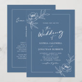 Peony Floral Alles in één stoffige blauwe bruiloft Kaart (Voorkant / Achterkant)