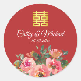 Peony floral dubbel geluk Chinese bruiloft Ronde Sticker