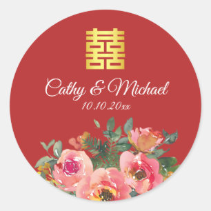 Peony floral dubbel geluk Chinese bruiloft Ronde Sticker