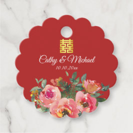 Peony floral dubbel geluk Chinese bruiloft rood Bedankjes Labels