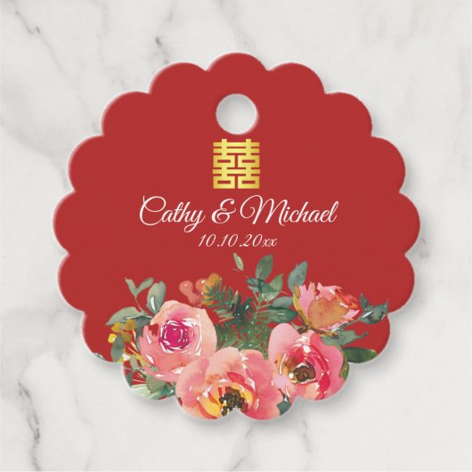 Peony floral dubbel geluk Chinese bruiloft rood Bedankjes Labels (Voorkant)