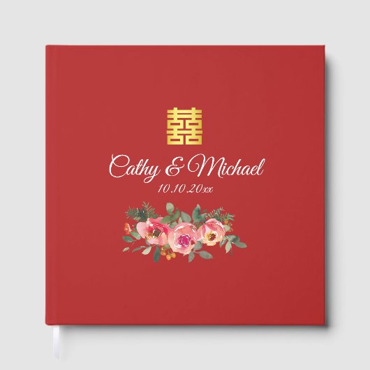 Peony floral dubbel geluk Chinese bruiloft rood Gastenboek (Voorkant)