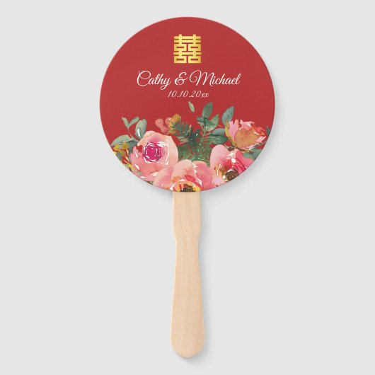 Peony floral dubbel geluk Chinese bruiloft rood Handwaaier (Voorkant)