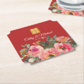 Peony floral dubbel geluk Chinese bruiloft rood Kartonnen Onderzetters (Gekanteld)