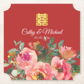Peony floral dubbel geluk Chinese bruiloft rood Kartonnen Onderzetters (Voorkant)