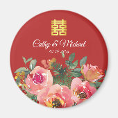Peony floral dubbel geluk Chinese bruiloft rood Magneet (Voorkant)