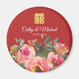 Peony floral dubbel geluk Chinese bruiloft rood Magneet