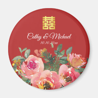 Peony floral dubbel geluk Chinese bruiloft rood Magneet