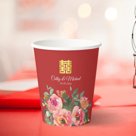 Peony floral dubbel geluk Chinese bruiloft rood Papieren Bekers