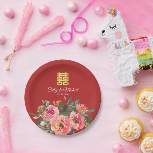 Peony floral dubbel geluk Chinese bruiloft rood Papieren Bordje (Feest)