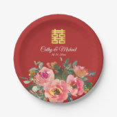 Peony floral dubbel geluk Chinese bruiloft rood Papieren Bordje (Voorkant)